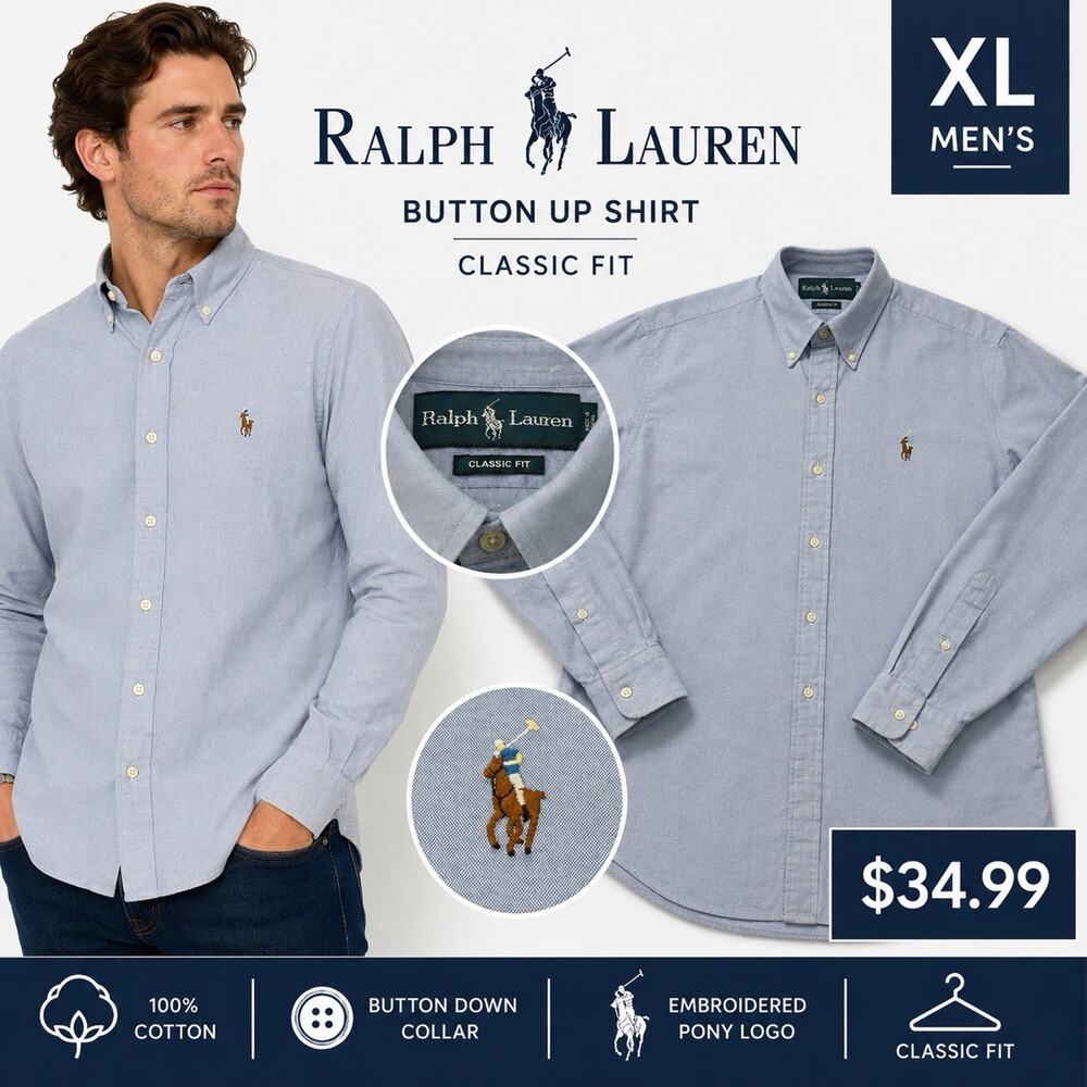 Ralph Lauren Button Up Shirt Men’s XL Blue Oxford Classic Fit Cotton Pony
